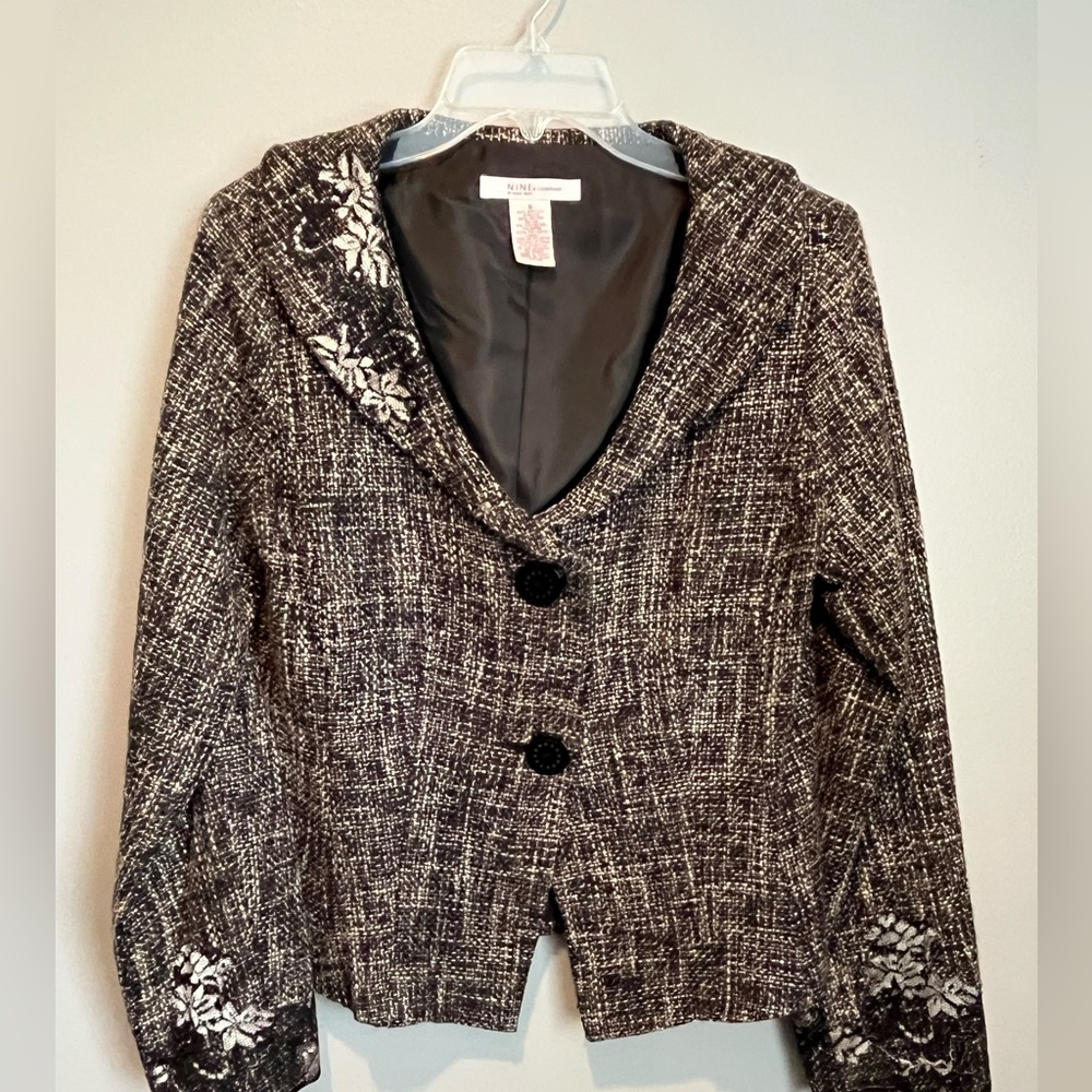 Nine & Co. Black and Beige Tweed Blazer with Floral Lace Detail